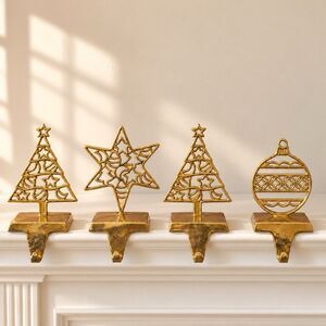 Eddie Bauer Home Brass Gold Christmas Stocking Hangers Set of 4 Tree 9 in
